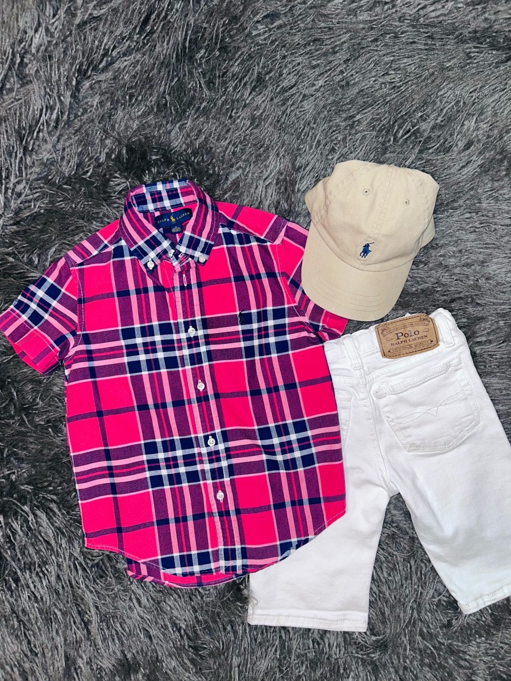Ralph Lauren Plaid Button-down w/RL Polo Sullivan Slim Denim Shorts, size 5